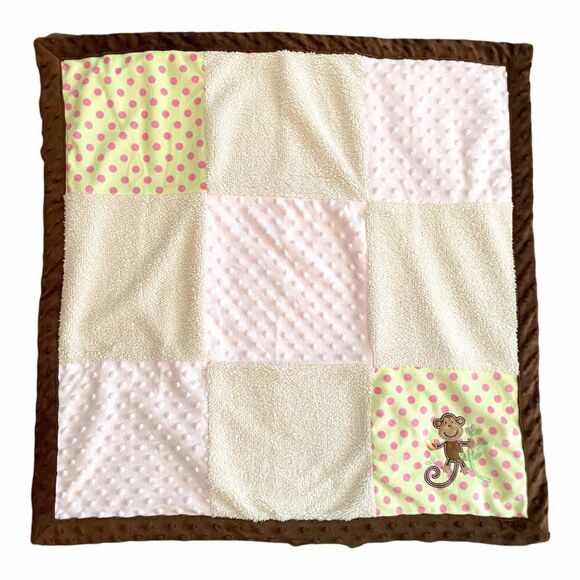 𝅺miniville Layette Monkey Dot Plush Sherpa Textured Minky Baby Blanket Lovey - Picture 1 of 12